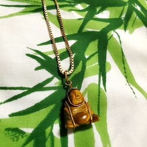 Vintage Hand Carved Tigers Eye Buddha Necklace Pendant 14K G.F.